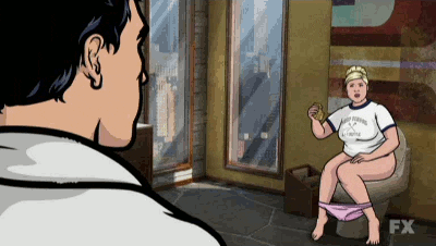 Pam Poovey trying to poop on Archer's toilet