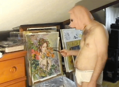 man with pig mask on painting
