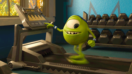 Movie animation character Mike Wazowski running on the treadmill