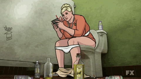 Image of Pam Poovey texting on a toilet