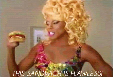 this gif has everything: rupaul, drag, drag queen, sandwich!