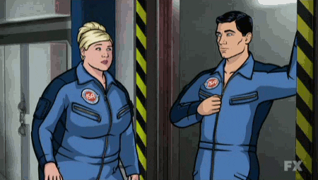 Pam Poovey and Archer unzipping their space suit onesies 