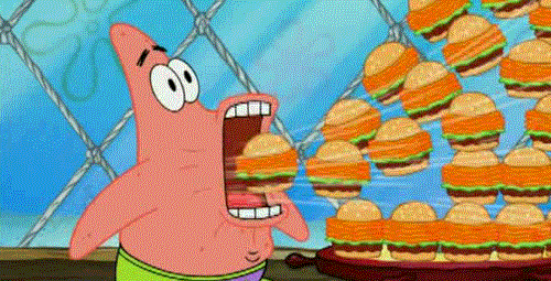 Animated TV show character, Patrick Star eating a lot of burgers at once