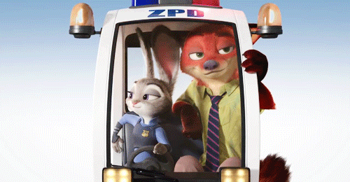 this gif has everything: zootopia, judy hopps, nick wilde, wilde