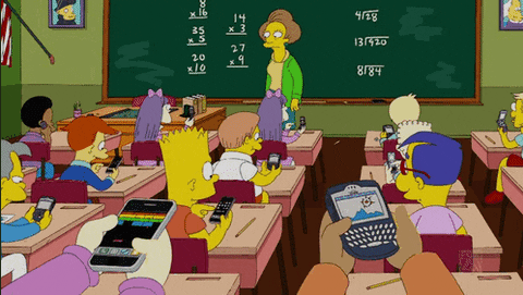 Bart Simpson and his classmates texting in class