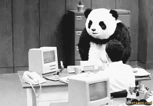 fake panda destroying a guy's desk