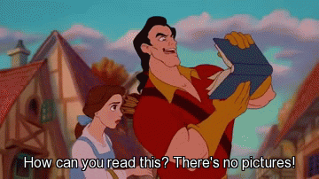 Gaston and Belle from Beauty and the Beast looking at a book