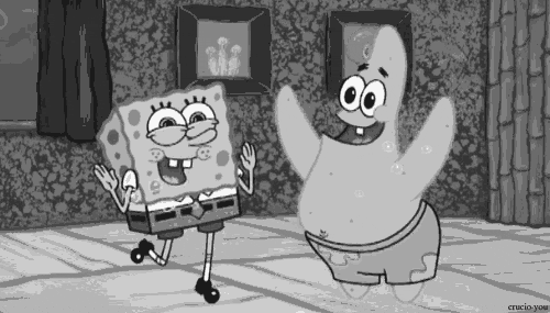 TV show characters Spongebob and Patrick dancing