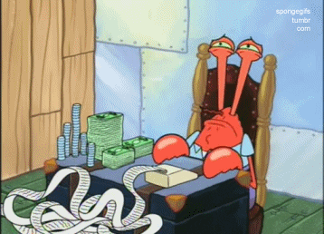 TV show character, Eugene Crabs, crying as he counts his money