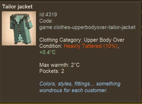 A garment tooltip showing its pocket count