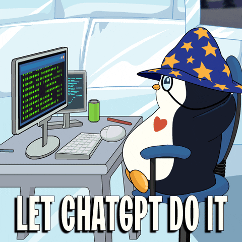 a penguin sitting in front of a computer with code with the caption "Let ChatGPT do it"
