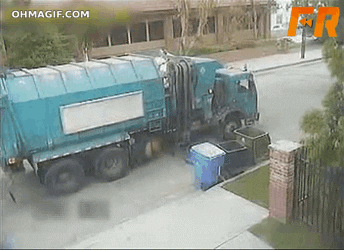 GIF of a bin van picking up a bin full of rubbish and accidentally flinging it all over the street.