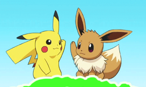 Pikachu and Eevee high fiving.