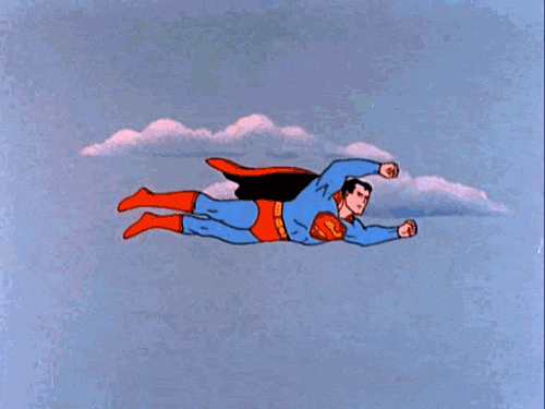 Cartoon animation of Superman flying past clouds.