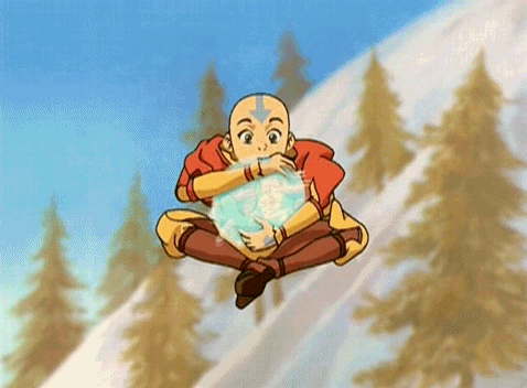 Aang, do desenho Avatar: a Lenda de Aang, flutuando enquanto segura uma bola de ar