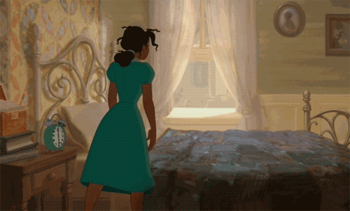 Disney animated character, Tiana, falls on bed face first