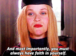 Elle Woods, blonde woman with graduation cap, gives graduation speech at a podium.