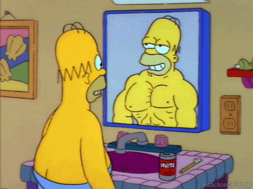 Homer Simpson se sentindo forte ao se olhar no espelho