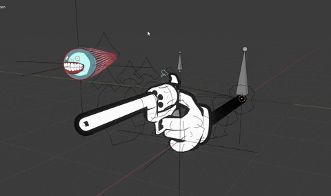 a 3D animation rig in animation software of a cartoon hand holding a toy gun