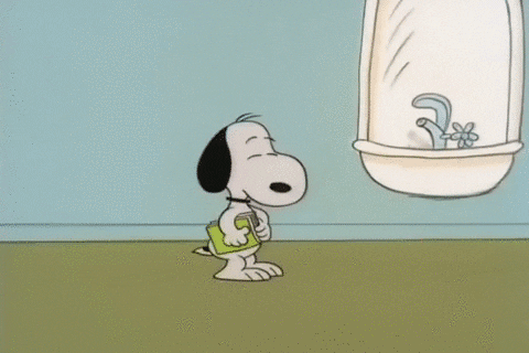 como estudar português: gif do personagem Snoopy do desenho Peanuts vestindo uma blusa de manga longa, pegando seus livros e colocando um óculos para sair. 