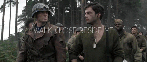 Bucky and Steve walking in the '40s with 'Walk Close Beside Me' caption overlaid