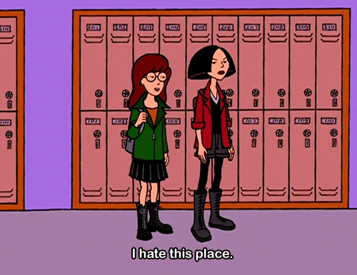 a GIF of Daria saying "i hate this place" in front of school lockers