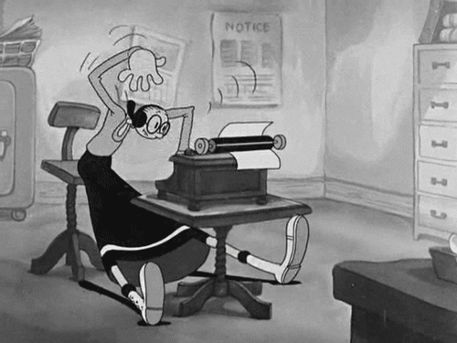 A black-and-white rubberhose cartoon of a woman typing wildly on a typewriter.