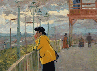 V ozadju slika van Gogha Terrace and observation deck at the moulin de blute-fin (ki je bila malo spremenjena, da se je prilagodila filmu, ki se je dogajal v poletju, van Gogh pa je narisal zimsko pokrajino) in v ospredju Armond, skozi katerega izvemo Vincentovo zgodbo. 