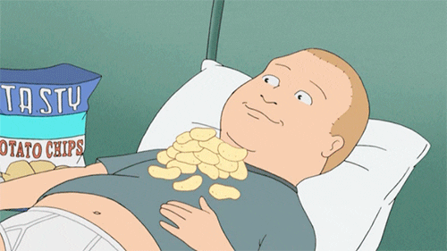 GIF of the character Bobby from the animated show King of The Hill eating potato chips off his chest while laying down