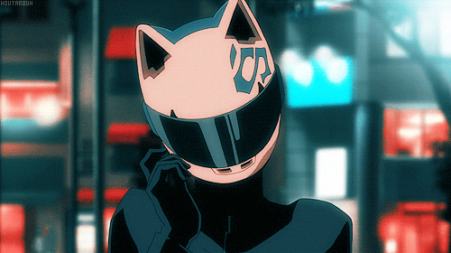 an anime character thinking with a cat helmet on