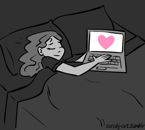 a digital drawing of a girl sleeping beside her laptop with a pink heart shape on the screen