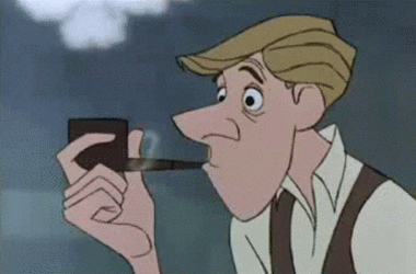 Gif of Roger, a white, blond man, smoking a pipe and wide-eyed with worry, from Disney movie 101 Dalmatians