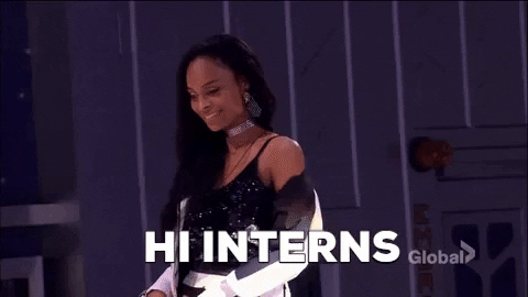 Intern gif bu Big Brother Canada of a black skinny girl walking and saluting saying "hi interns" 
