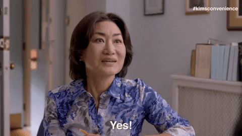 GIF of actress from TV show Kim's Convenience saying Yes! oh wait I don't know maybe uhhhh let's just say yes but maybe no