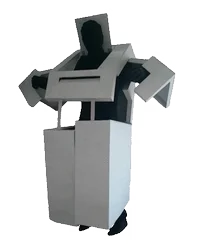 Figure moving inside a white boxy costume shaped like a machine