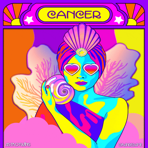 A colorful gif showing a Cancer woman rubbing a conch shell on her face