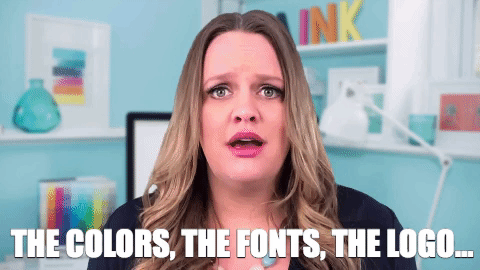gif of Woman light toned with light long hair mouthing words "the colors, the fonts, the logo"
