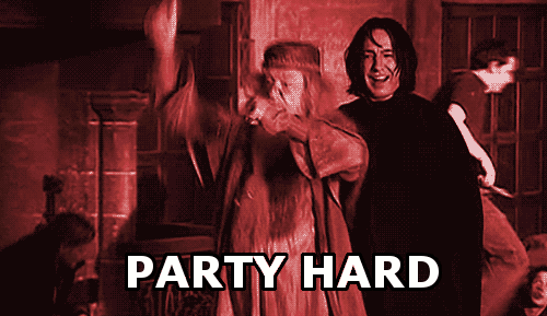 "Party Hard" Harry Potter gif with Dumbledore dancing and Severus laughing