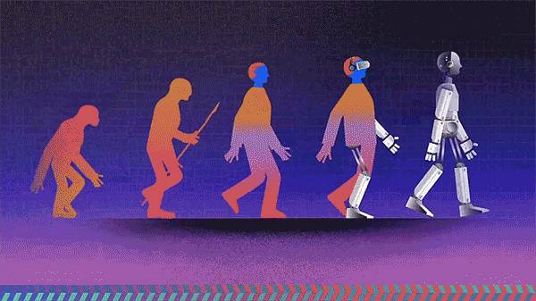 fila da evolução humana começando com um macaco e terminando com um robô, representando a inteligência artificial