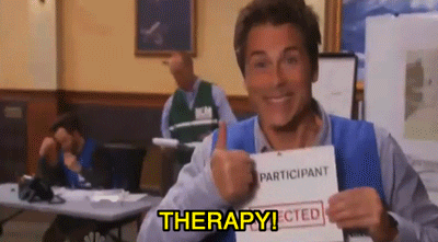 Rob Lowe giving thumbs up and saying THERAPY!