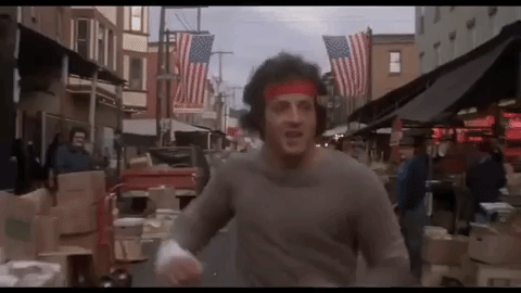 Rocky running through the streets of Philadelphia