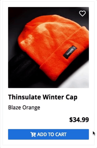 ecommerce listing animated GIF showing different states of the "Add to Cart" button and "favorite" button
