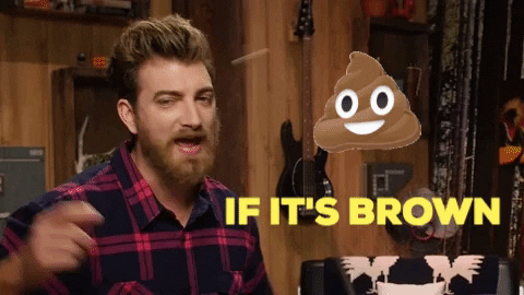 Gif of a man next to a poop emoji saying "if it's brown flush it down"