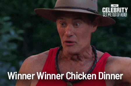 Give of team from Survivor saying "winner winner chicken dinner" and dancing around campfire