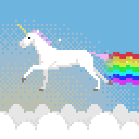 A pixelated unicorn runs freely above the clouds while endlessly farting a rainbow.