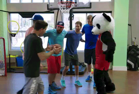 group of men and mascot panda in basketball court hugging together.