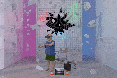 a rotating view of a VR scene inside a building with a character wearing a VR headset