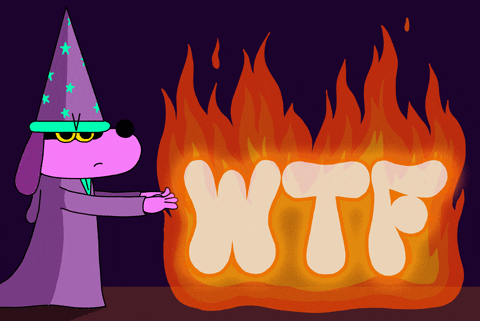 GIF of cartoon dog wearing a wizard hat with fire powers, casting words "WTF" in fire.