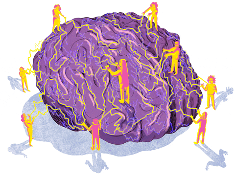A GIF of a brain being stimulated by several people.