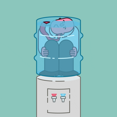 gif of a cartoon man in a water water cooler filled with water.